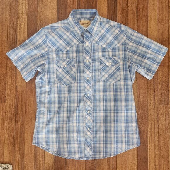 Large Wrangler Mens Western Blue Plaid Short Sleeve Shirt Pearl Snap Buttons - Picture 7 of 12